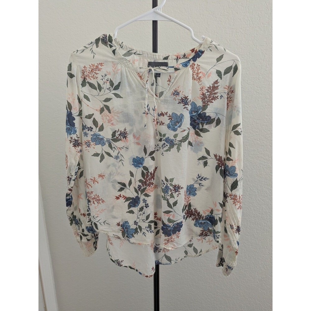 Michael Stars Boho Floral Blouse XS 100% Cotton Long Sleeve Tie Neck Peasant Top